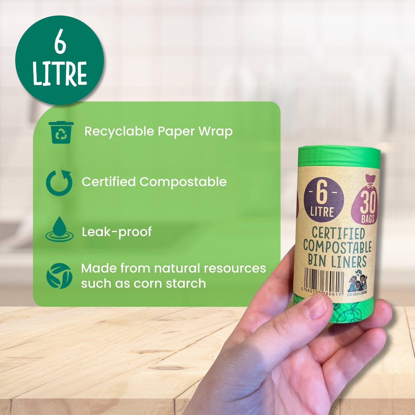 6 Litre Compostable Caddy Bags | 1 roll of 30 bags - EcoGreenBusiness