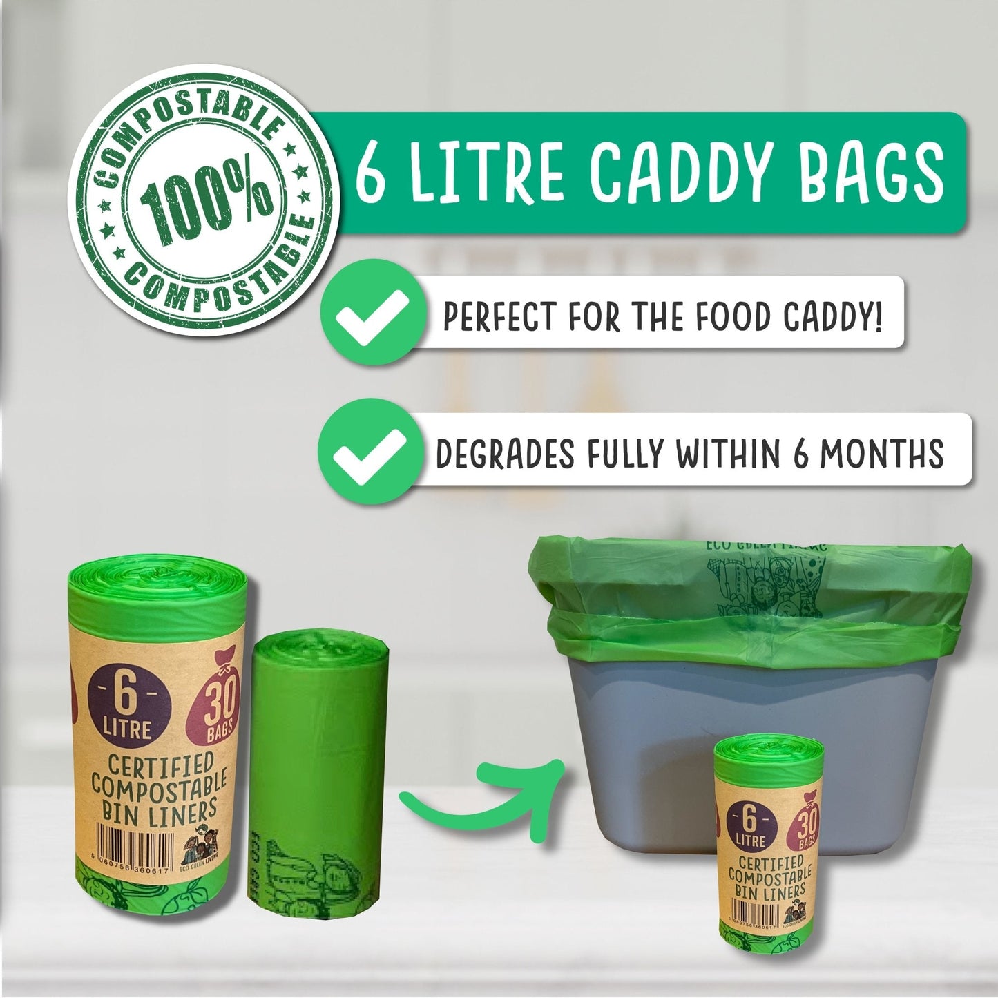 6 Litre Compostable Caddy Bags | 1 roll of 30 bags - EcoGreenBusiness