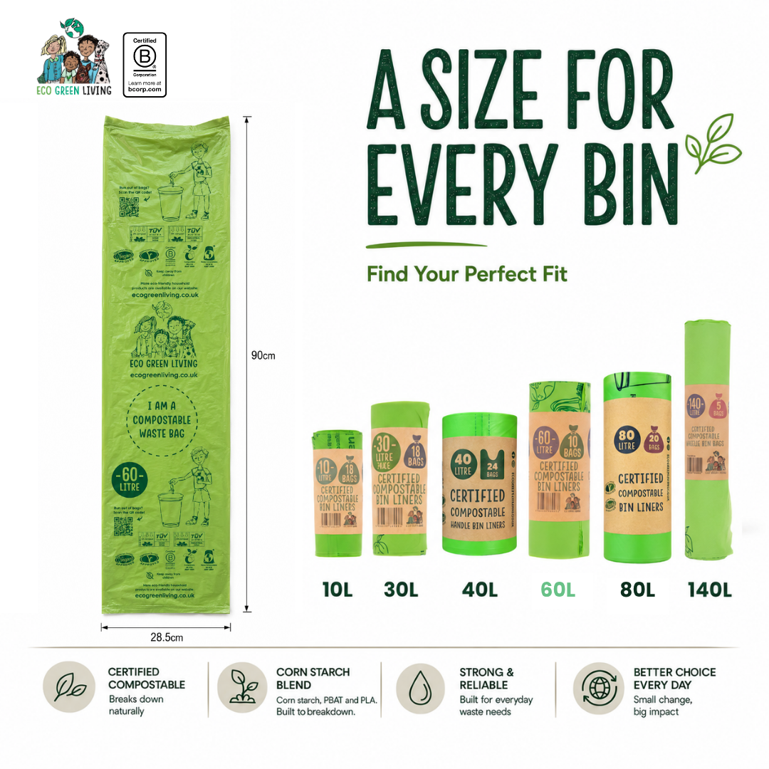 60L Compostable Waste Bags | 1 Roll of 10 Bags | Eco Green Living