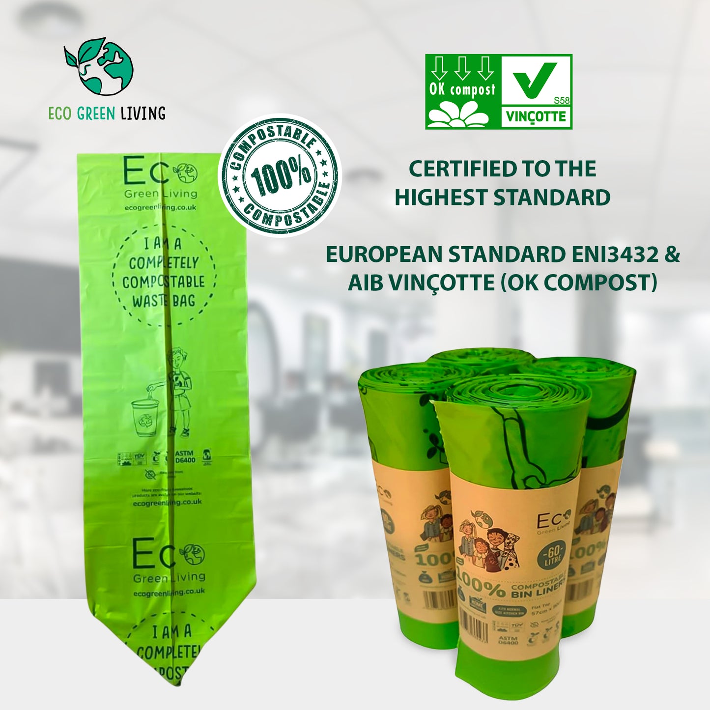60 Litre Compostable Bin Liners for Large Kitchen Bin, 4 Rolls of 10 Bags by Eco Green Living