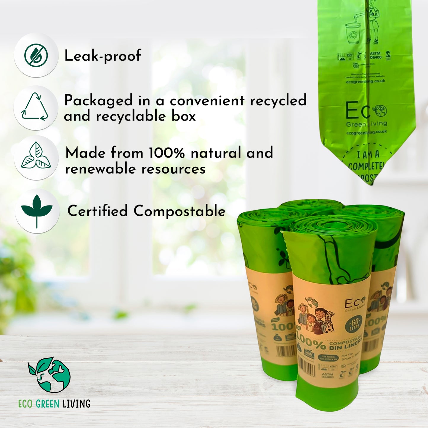 60 Litre Compostable Bin Liners for Large Kitchen Bin, 4 Rolls of 10 Bags by Eco Green Living