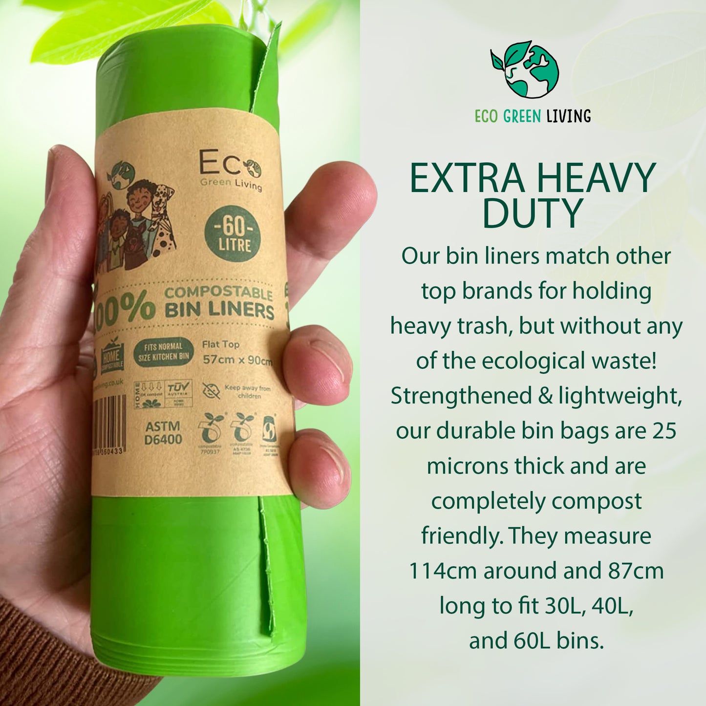 60 Litre Compostable Bin Liners for Large Kitchen Bin, 4 Rolls of 10 Bags by Eco Green Living