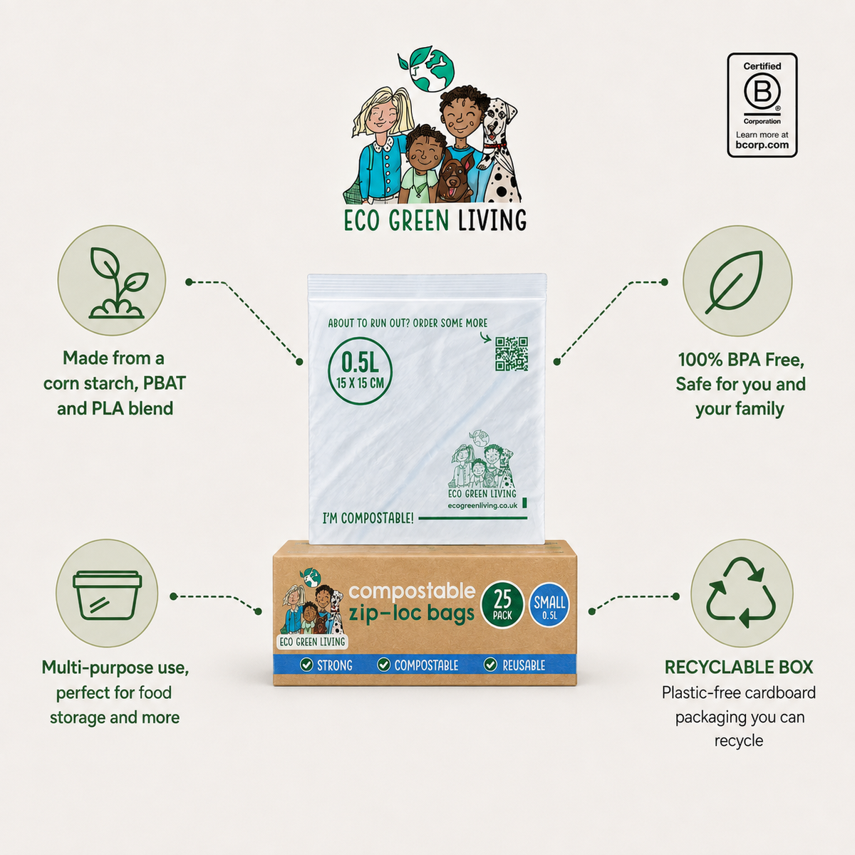 Compostable Resealable Bags Small  | 0.5 Litre (25 bags)