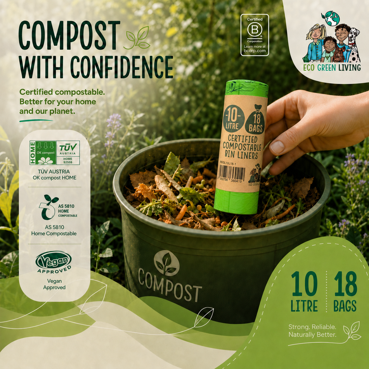 10L Compostable Waste Bags | 1 Roll of 18 Bags | Eco Green Living
