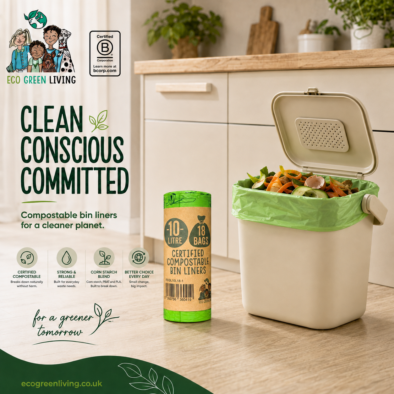10L Compostable Waste Bags | 1 Roll of 18 Bags | Eco Green Living