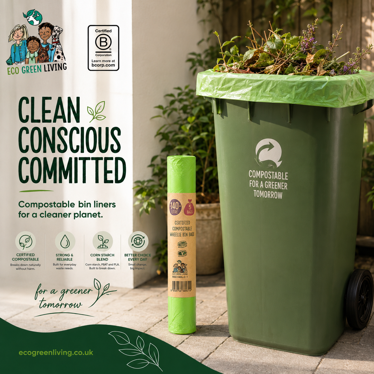 140L Compostable Waste Bags | 1 Roll of 5 Bags | Eco Green Living