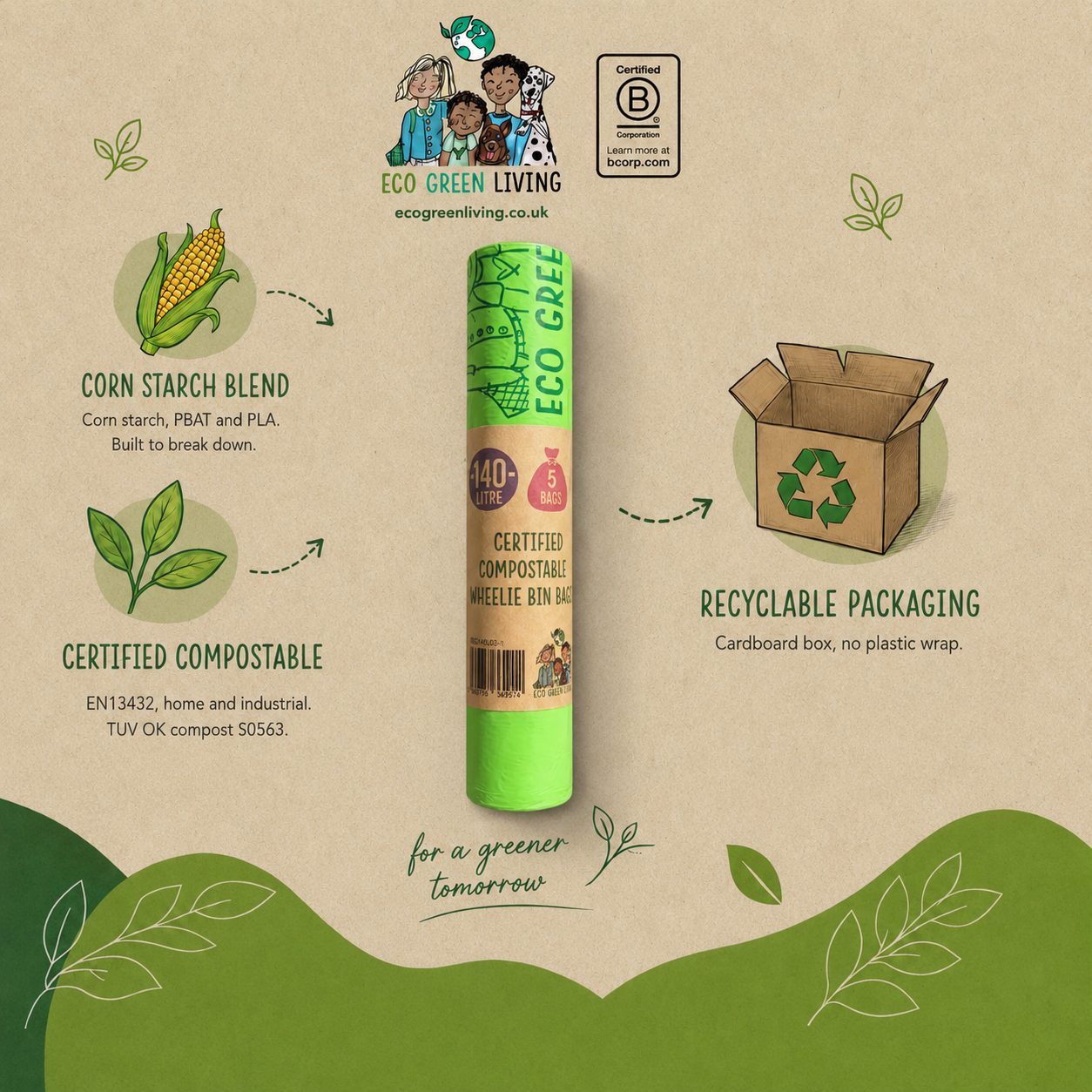 140L Compostable Waste Bags | 1 Roll of 5 Bags | Eco Green Living