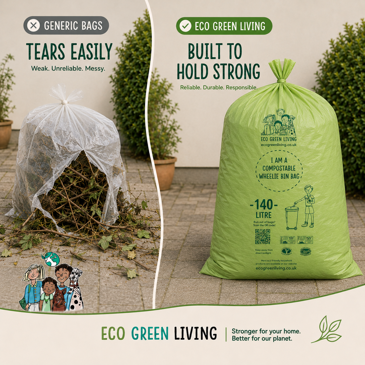 140L Compostable Waste Bags | 1 Roll of 5 Bags | Eco Green Living