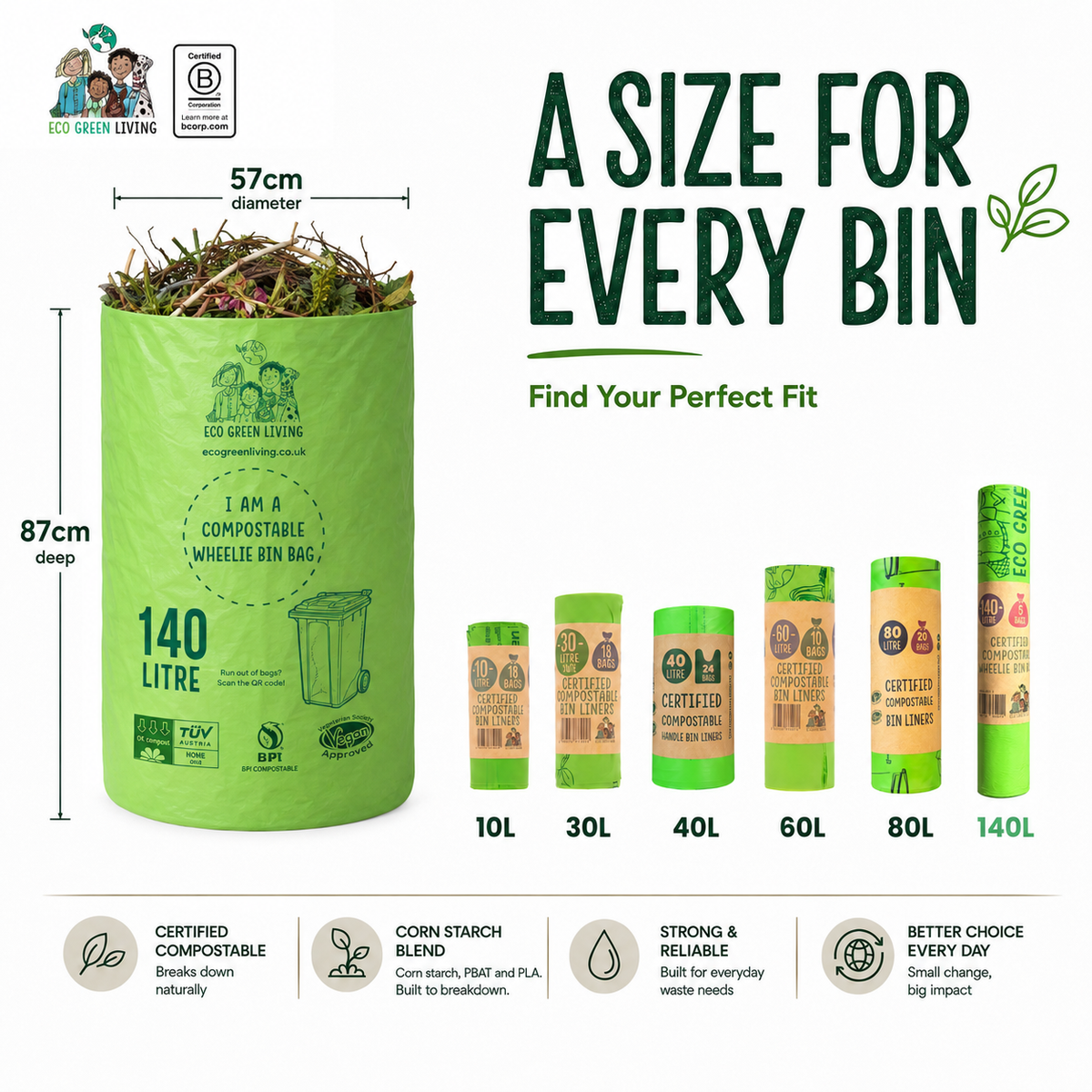 140L Compostable Waste Bags | 1 Roll of 5 Bags | Eco Green Living