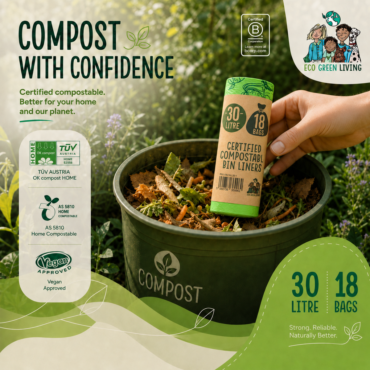 30 Litre Compost Friendly & Zero Plastic 18 Bin Bags - Perfect for 30 Litre Tall Kitchen Bin