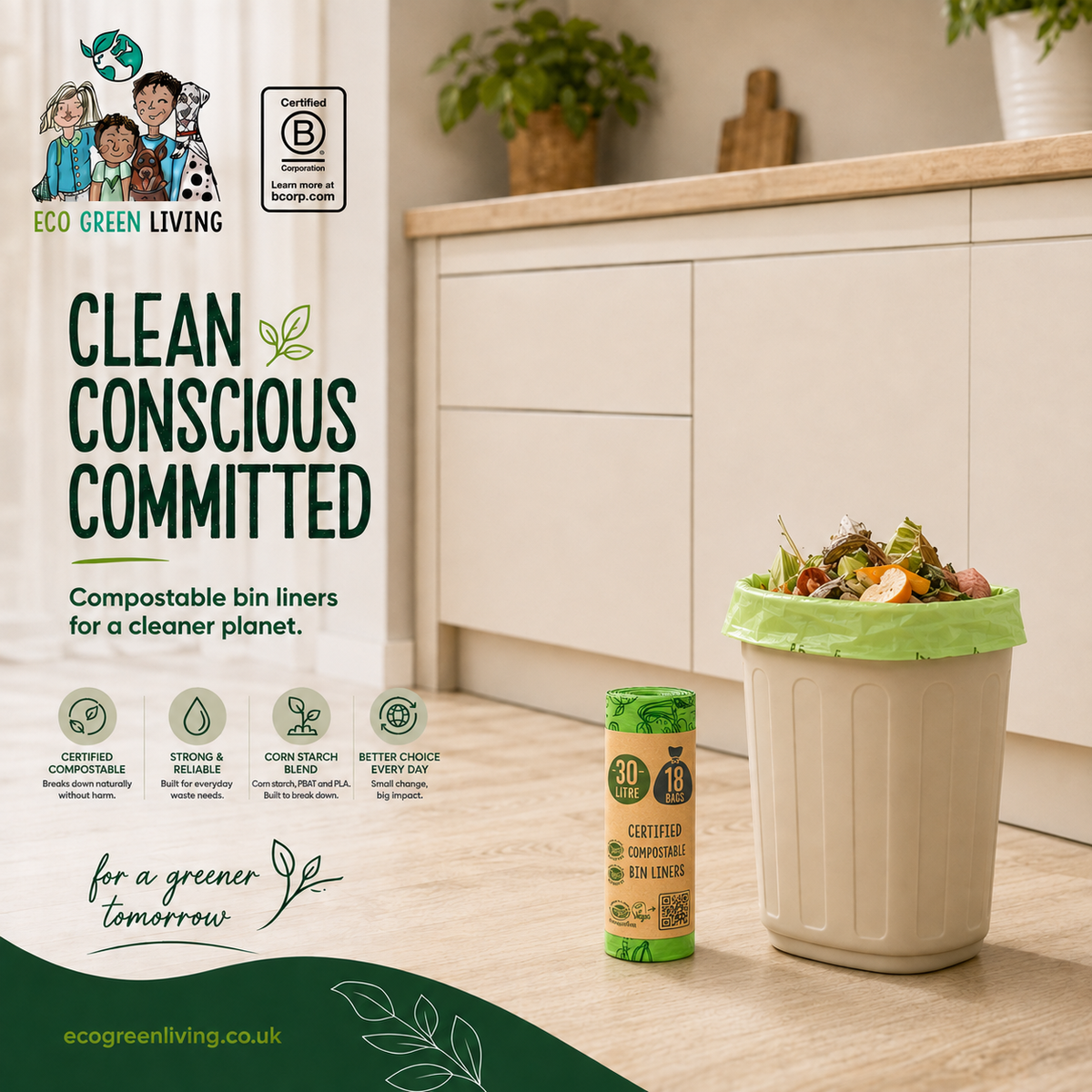30 Litre Compost Friendly & Zero Plastic 18 Bin Bags - Perfect for 30 Litre Tall Kitchen Bin