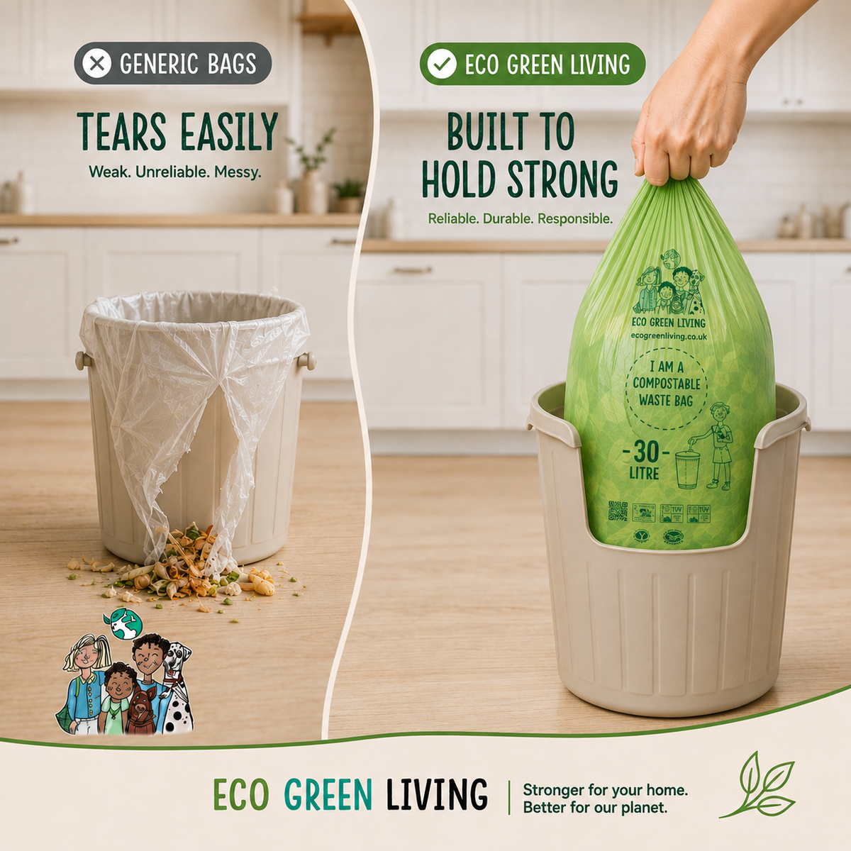 30 Litre Compost Friendly & Zero Plastic 18 Bin Bags - Perfect for 30 Litre Tall Kitchen Bin