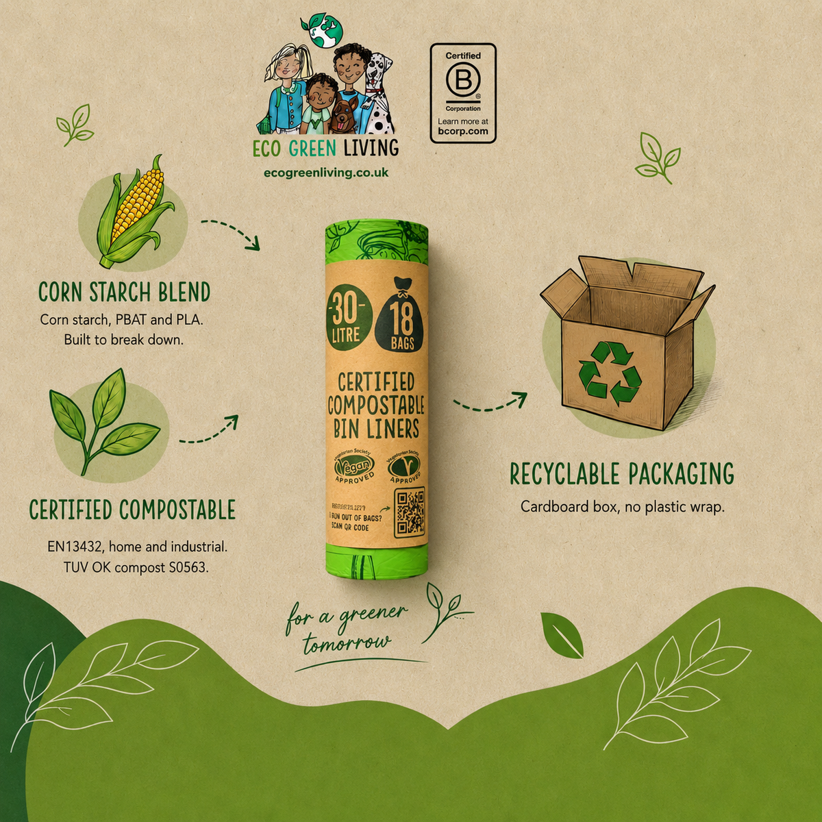 30 Litre Compost Friendly & Zero Plastic 18 Bin Bags - Perfect for 30 Litre Tall Kitchen Bin