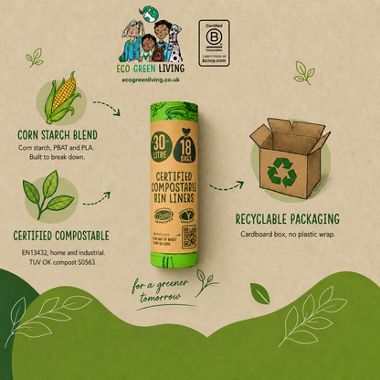30 Litre Compost Friendly & Zero Plastic 18 Bin Bags - Perfect for 30 Litre Tall Kitchen Bin