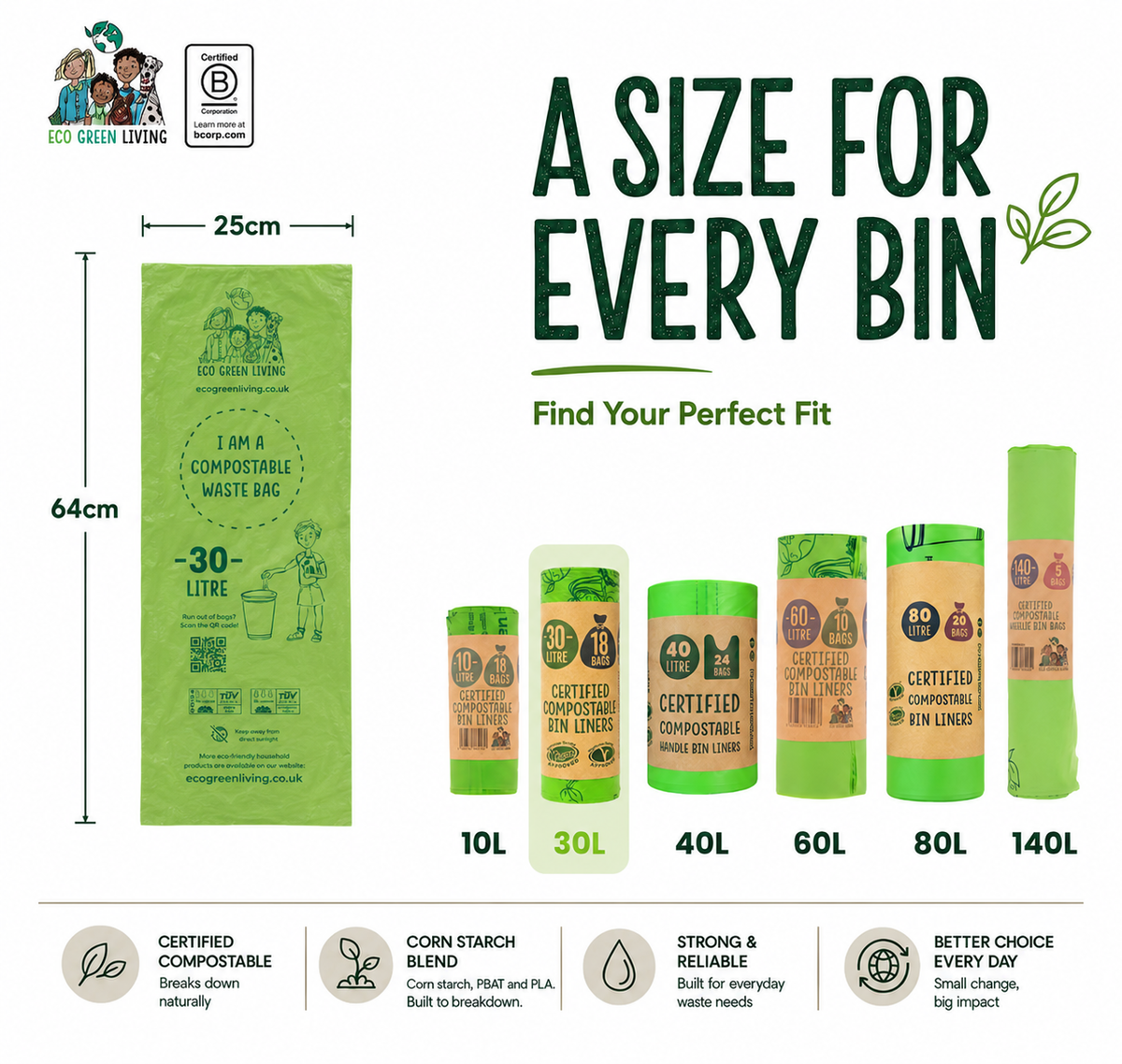 30 Litre Compost Friendly & Zero Plastic 18 Bin Bags - Perfect for 30 Litre Tall Kitchen Bin