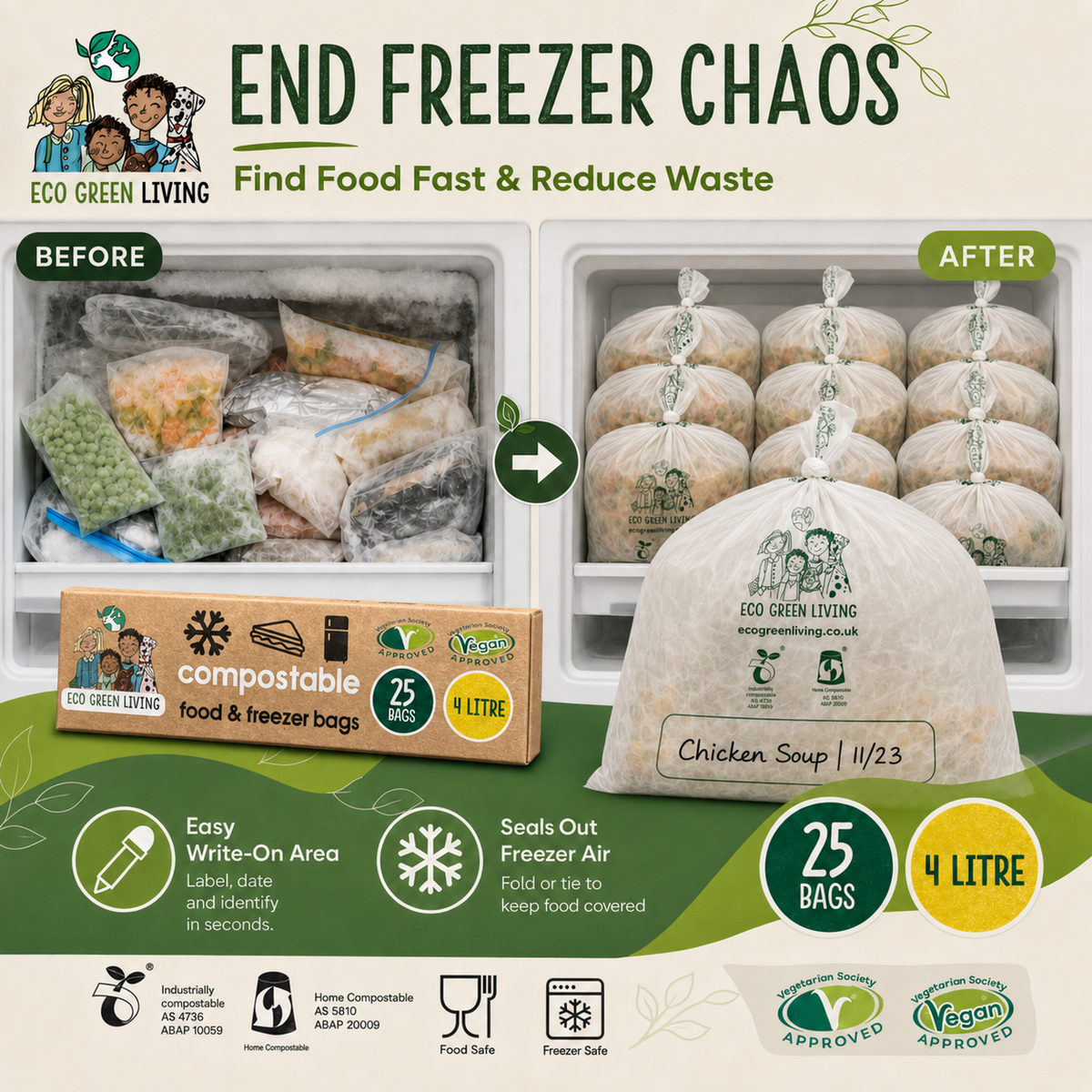 4 Litre Certified Compostable Food & Freezer Bags (25 bags)