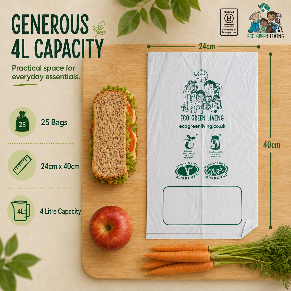 4 Litre Certified Compostable Food & Freezer Bags (25 bags)