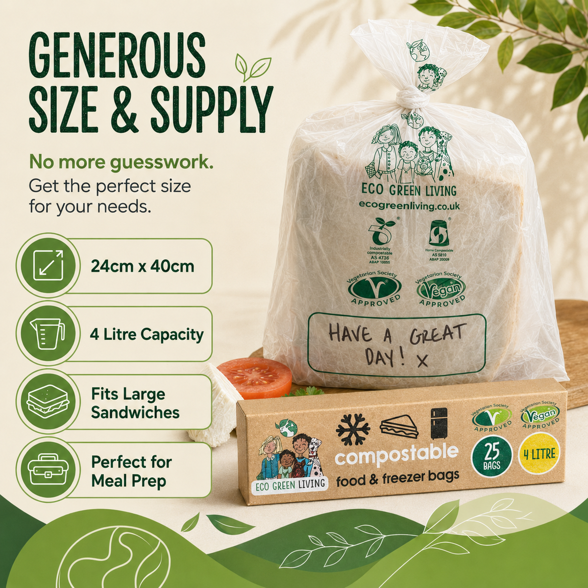 4 Litre Certified Compostable Food & Freezer Bags (25 bags)