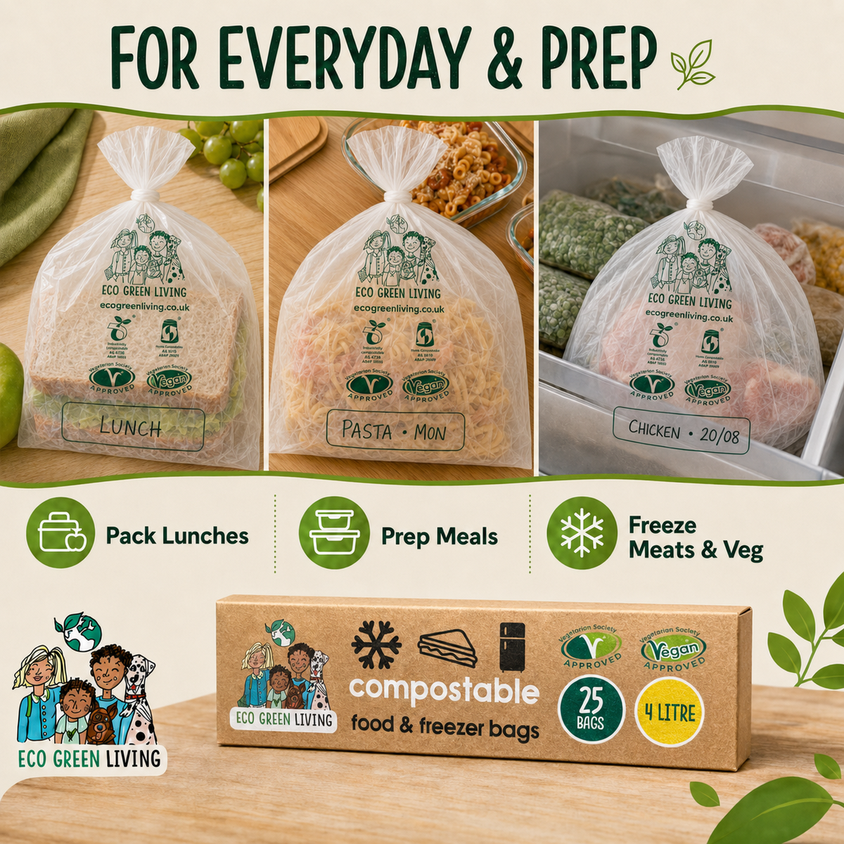 4 Litre Certified Compostable Food & Freezer Bags (25 bags)