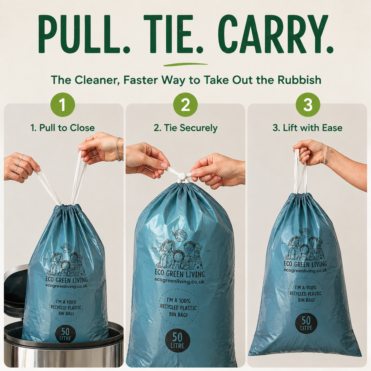 An instructional graphic showing how to use a blue drawstring rubbish bag with the text 'PULL. TIE.