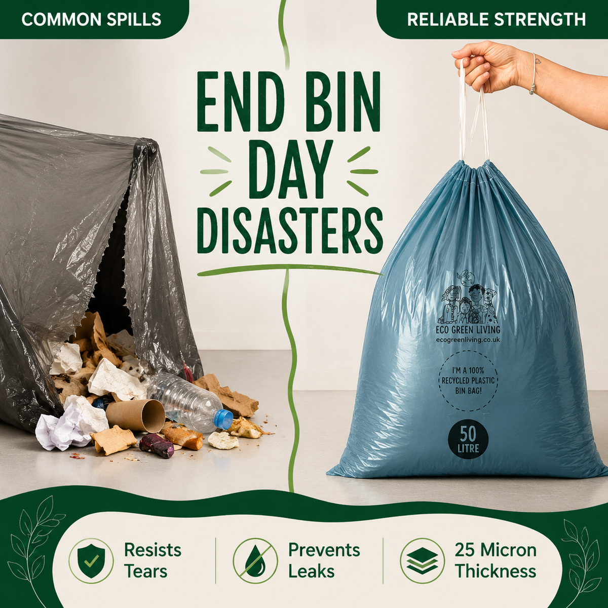 A 50 litre blue recycling bin bag held by a hand, shown next to a spilled black trash bag with debris on the floor. The image features promotional text for 'End Bin Day Disasters' with badges highlighting tear resistance, leak prevention, and 25 micron thickness.