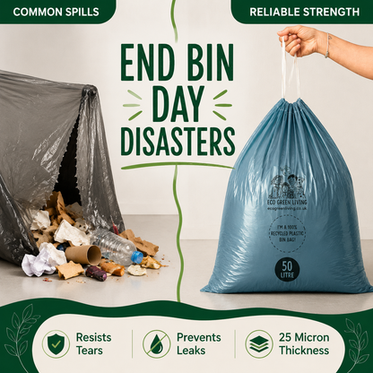 A 50 litre blue recycling bin bag held by a hand, shown next to a spilled black trash bag with debris on the floor. The image features promotional text for 'End Bin Day Disasters' with badges highlighting tear resistance, leak prevention, and 25 micron thickness.