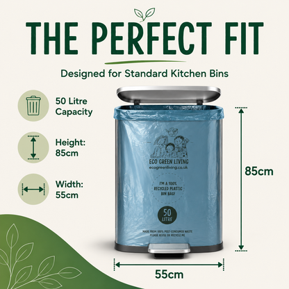 A blue 50 litre recycled plastic bin bag in a stainless steel canister with a foot pedal, shown on a light beige background with green text and dimension callouts indicating 85cm height and 55cm width.