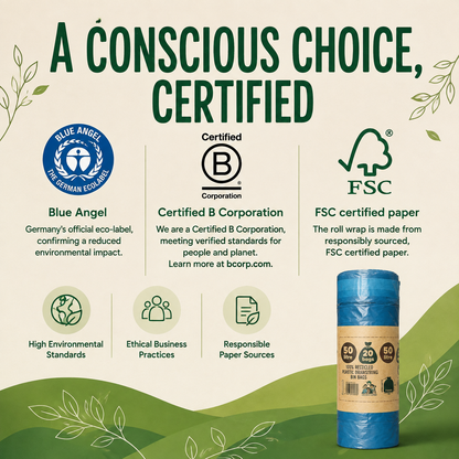 A promotional graphic for a roll of blue wrapping paper, showing a product package on the right and certification badges and environmental claims on the left. The text reads 'A CONSCIOUS CHOICE, CERTIFIED' with Blue Angel, Certified B Corporation, and FSC logos.