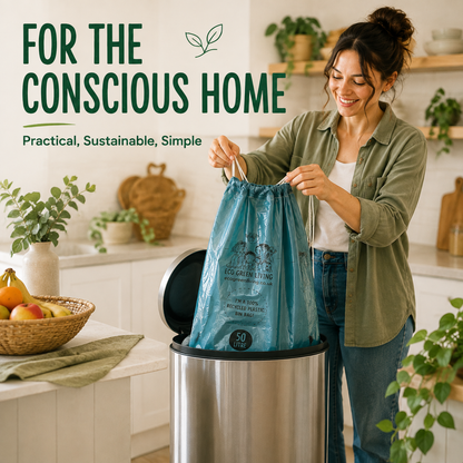 A woman in a kitchen holds a blue reusable bag over a stainless steel trash can, with large text reading 'FOR THE CONSCIOUS HOME' and smaller text 'Practical, Sustainable, Simple' on a bright interior background.