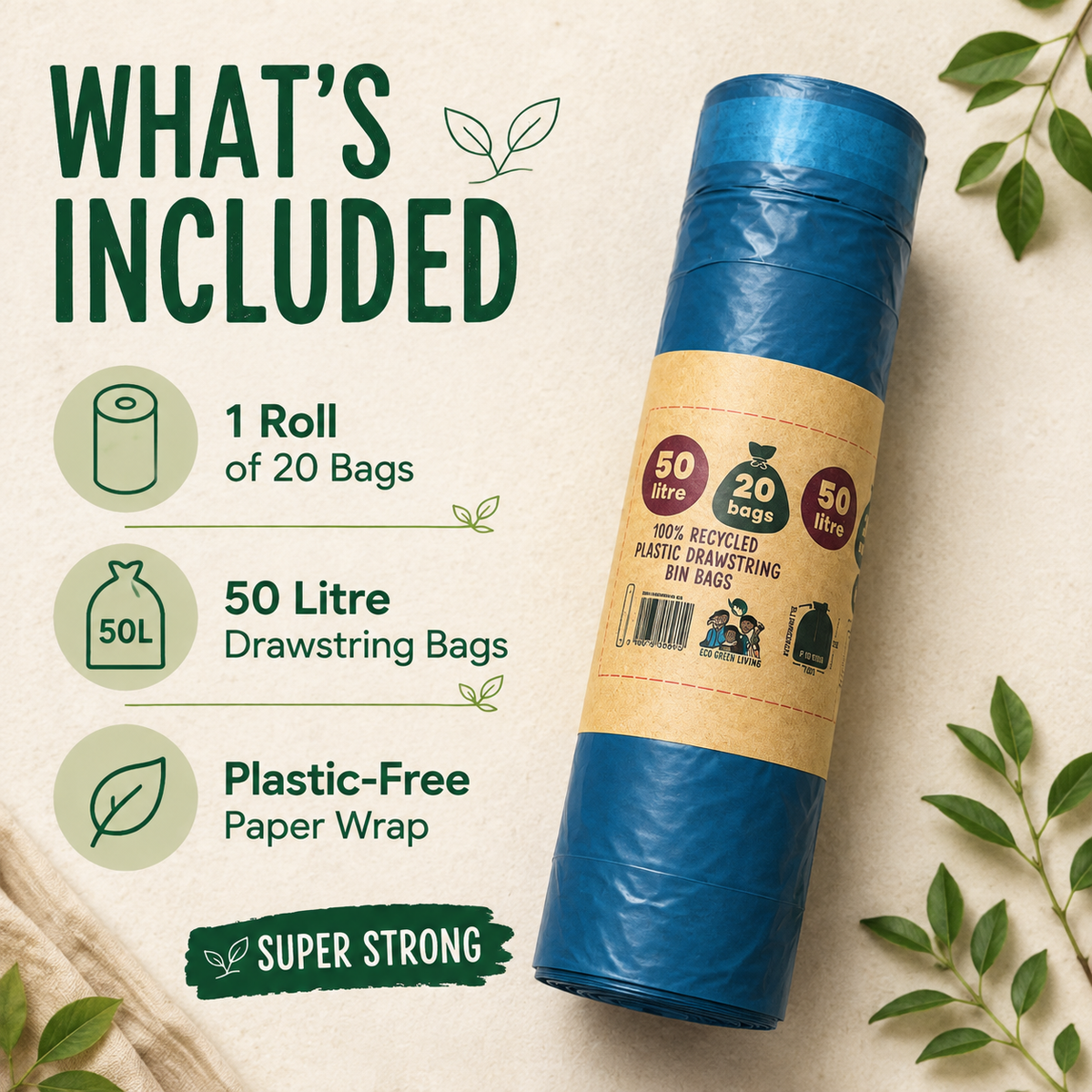 A roll of blue plastic drawstring bags with a kraft paper label, shown on a light beige textured background with decorative green leaves. Large text reads 'WHAT'S INCLUDED' with icons for '1 Roll of 20 Bags', '50 Litre Drawstring Bags', and 'Plastic-Free Paper Wrap'.