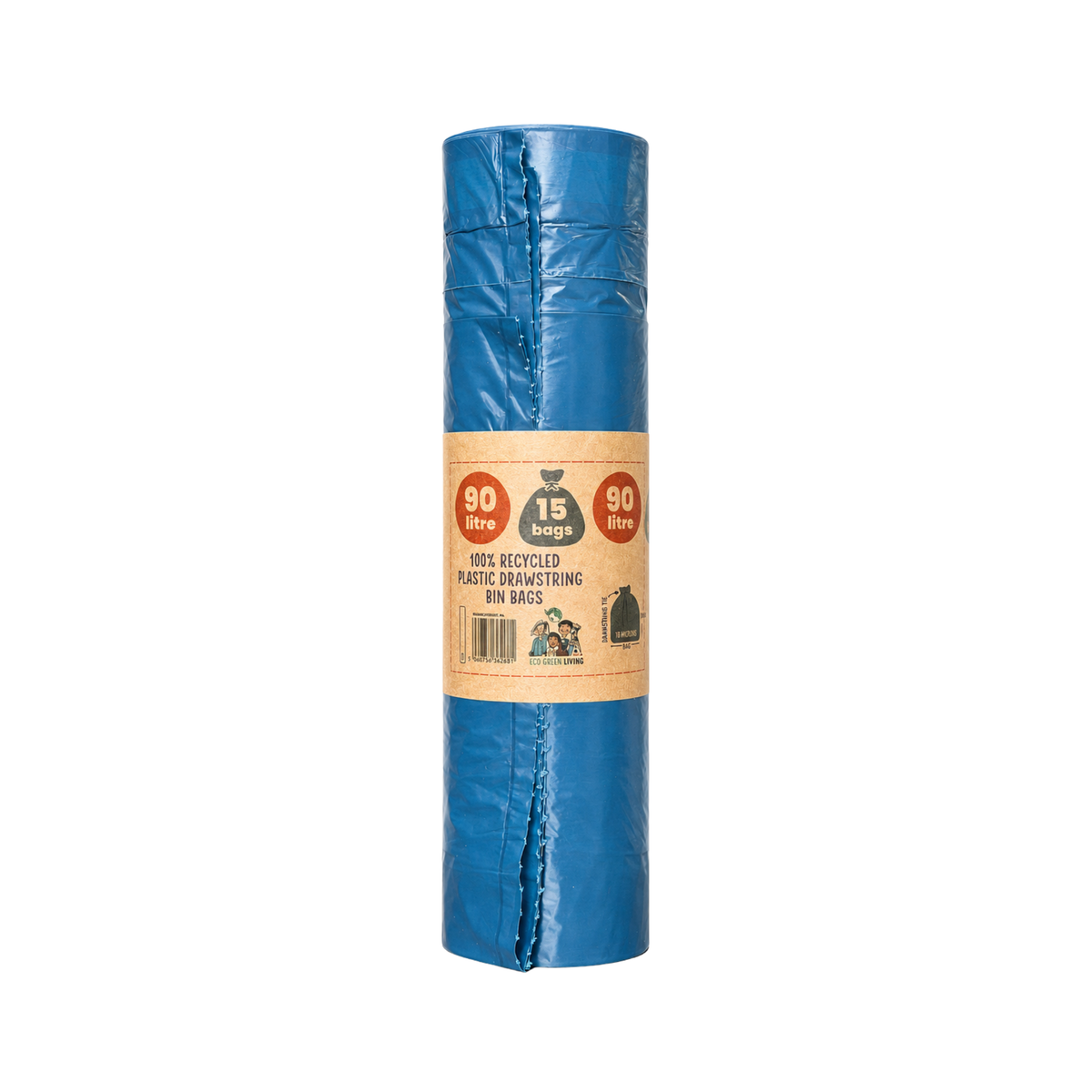 A rolled-up blue plastic recycling bin bag with a tan paper label around the middle, shown on a plain white background.
