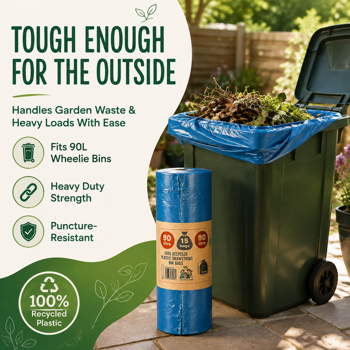 A roll of blue recycled plastic wheelie bin liners stands next to an open dark green garden bin filled with plant waste, with promotional text on the left and a patio background.