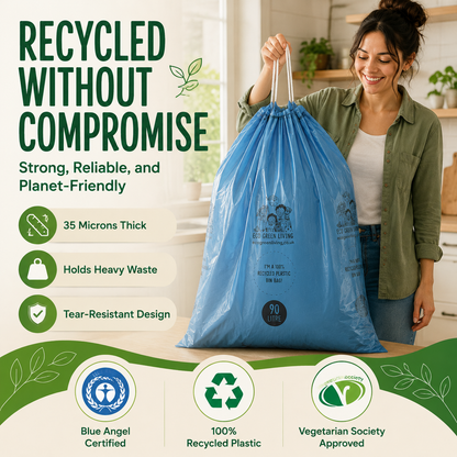 A woman in a kitchen holds a large blue recycled plastic trash bag. The image features promotional text highlighting the product's features (35 microns thick, tear-resistant, holds heavy waste) and certification logos at the bottom.