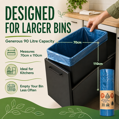 A blue plastic trash bag liner is shown hanging in a black under-sink bin, with measurement lines indicating 70cm width and 110cm height. Large text reads 'DESIGNED FOR LARGER BINS' and lists features like generous 90 litre capacity, 70cm x 110cm measurements, ideal for kitchens, and emptying the bin less often.