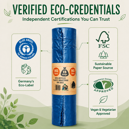 A rolled blue plastic drafting bag with an orange label is centered on a light beige background with decorative leaves. Surrounding callouts mention verified eco-credentials, including Blue Angel, FSC, Germany's Eco-Label, Sustainable Paper Source, Vegan & Vegetarian Approved, and Verified Eco-Credentials.