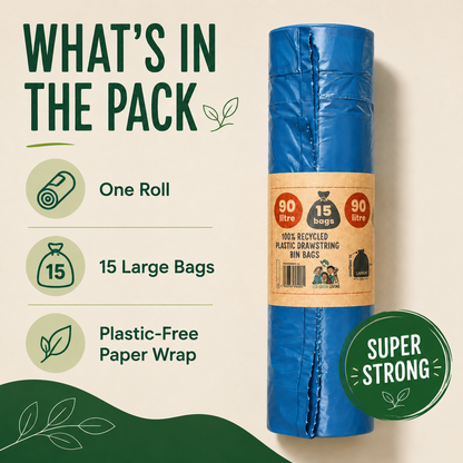 A rolled blue plastic bin bag set with a kraft paper label, shown on a beige background with promotional text reading 'WHAT'S IN THE PACK' and icons for one roll, 15 large bags, and plastic-free paper wrap. A green badge says 'SUPER STRONG'.