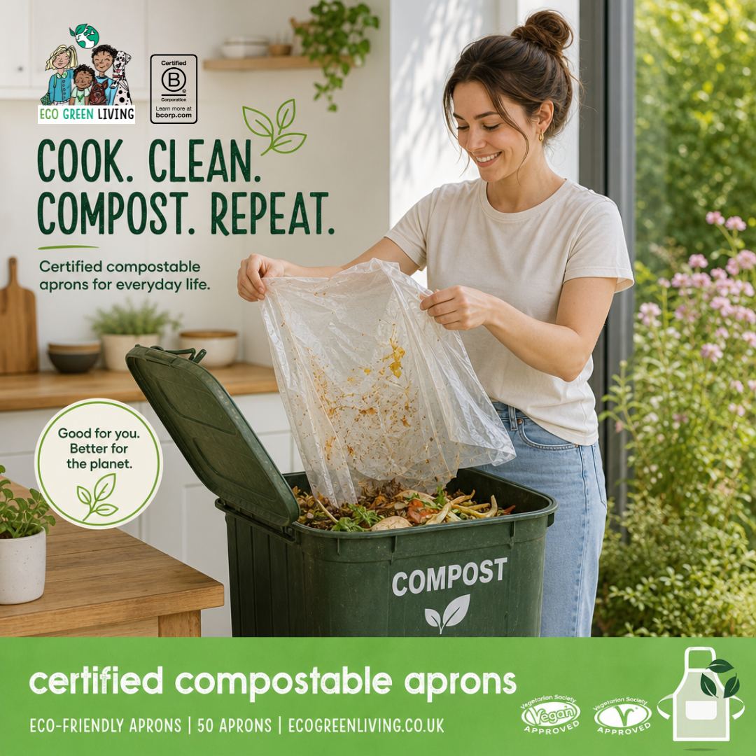 A woman in a kitchen is shown composting food waste using a transparent certified compostable apron, which is being pulled down into a green compost bin. The image features promotional text and logos for Eco Green Living.