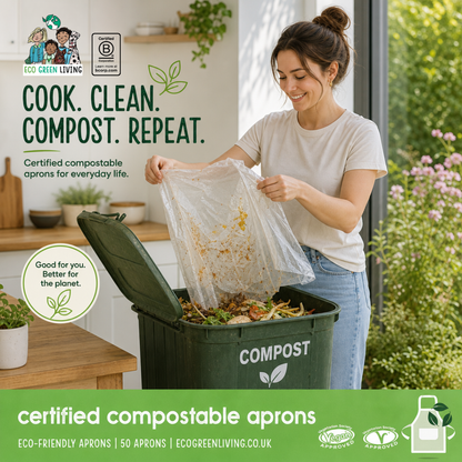 A woman in a kitchen is shown composting food waste using a transparent certified compostable apron, which is being pulled down into a green compost bin. The image features promotional text and logos for Eco Green Living.
