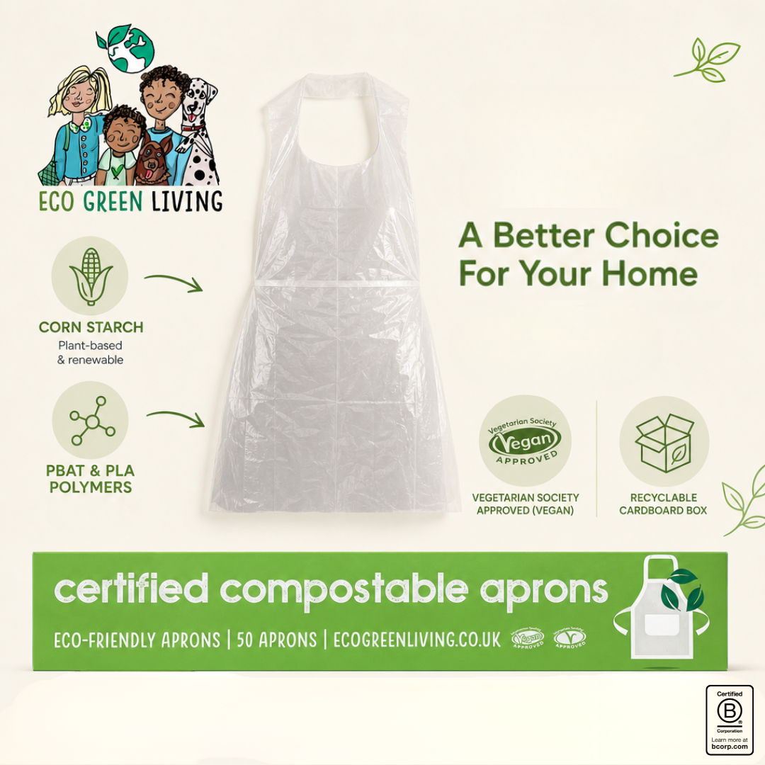 A clear plastic apron centered on a light beige background with promotional text and eco-friendly branding. The image includes a logo for ECO GREEN LIVING, icons for corn starch and PBAT & PLA polymers, a Veggie Approved badge, a recyclable cardboard box icon, and a green banner at the bottom reading 'certified compostable aprons'.