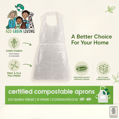 A clear plastic apron centered on a light beige background with promotional text and eco-friendly branding. The image includes a logo for ECO GREEN LIVING, icons for corn starch and PBAT & PLA polymers, a Veggie Approved badge, a recyclable cardboard box icon, and a green banner at the bottom reading 'certified compostable aprons'.