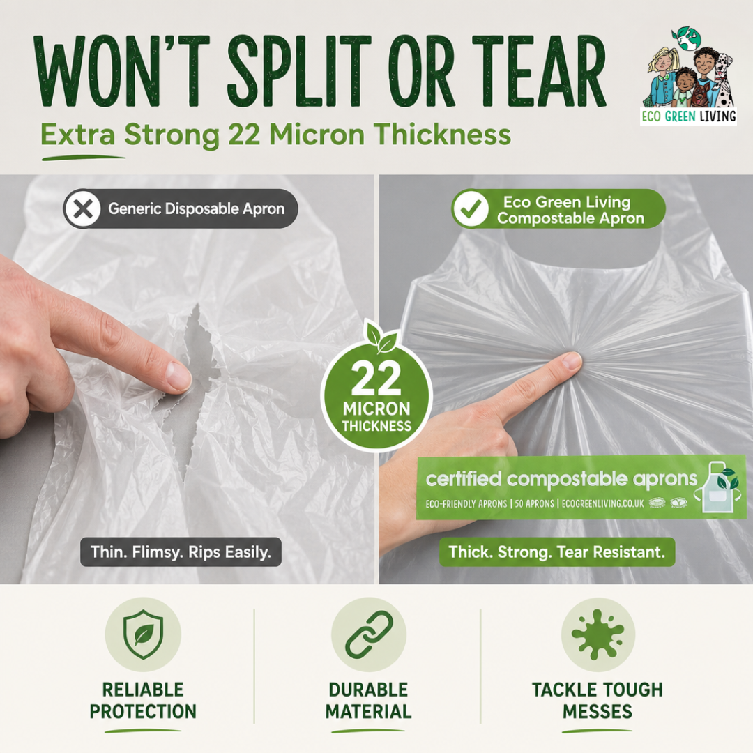 Promotional infographic comparing a generic disposable apron with an Eco Green Living compostable apron. The graphic features a split-screen demonstration of hands tearing both types of material, with text highlighting 'Won't Split or Tear', 'Extra Strong 22 Micron Thickness', and listing benefits like 'Reliable Protection', 'Durable Material', and 'Tackle Tough Messes'.