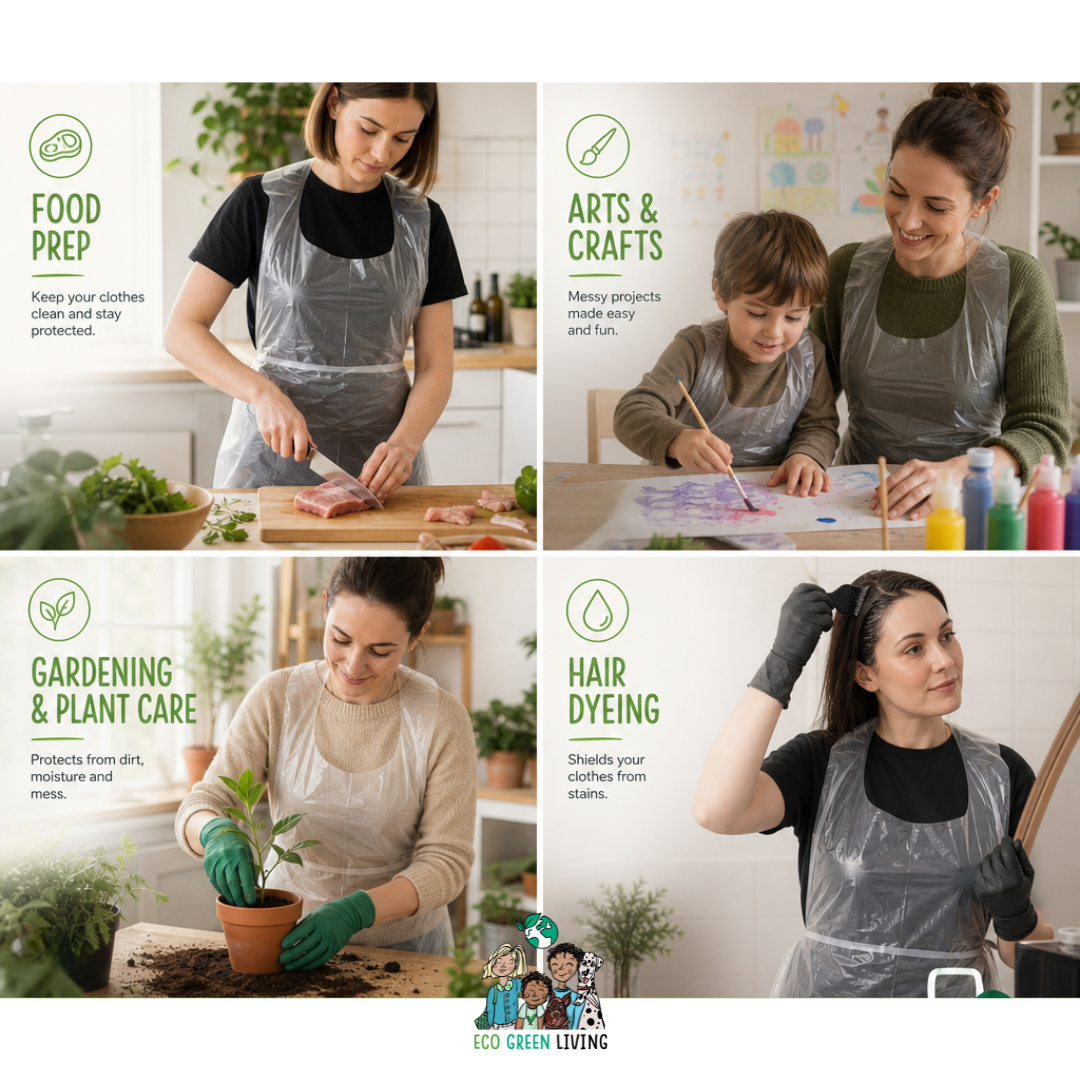 A four-panel lifestyle collage showing women and a child wearing clear plastic aprons while doing household chores and crafts. Panels include food prep, arts & crafts, gardening, and hair dyeing, with green activity icons and text.