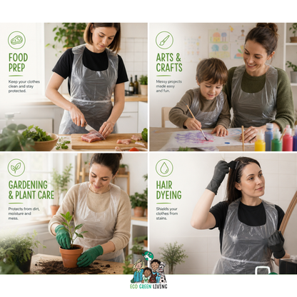 A four-panel lifestyle collage showing women and a child wearing clear plastic aprons while doing household chores and crafts. Panels include food prep, arts & crafts, gardening, and hair dyeing, with green activity icons and text.