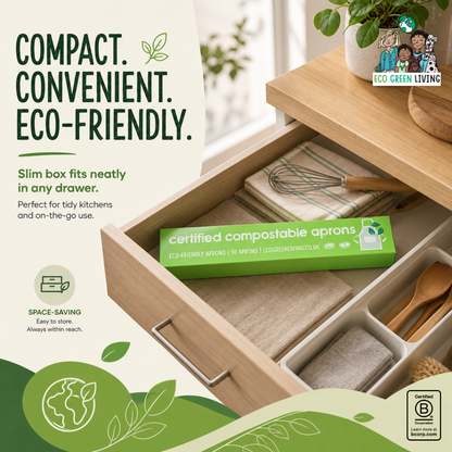 A green box of compostable kitchen aprons displayed inside an open wooden drawer alongside folded cloth napkins and utensils. Large marketing text on the left reads 'COMPACT.