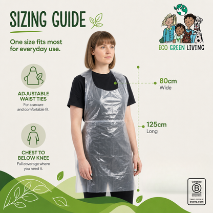 A woman wearing a transparent plastic apron stands against a light beige background with green decorative graphics. The image includes text reading 'SIZING GUIDE' and measurement callouts showing the apron is 80cm wide and 125cm long.