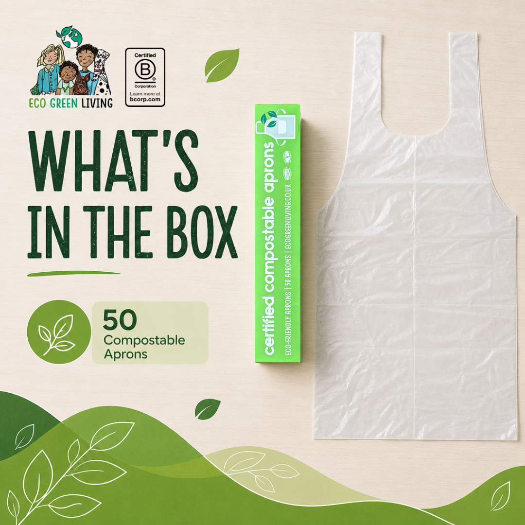 A set of white compostable apron bags displayed next to their green packaging box on a light wood background, with promotional text reading 'WHAT'S IN THE BOX' and '50 Compostable Aprons'.