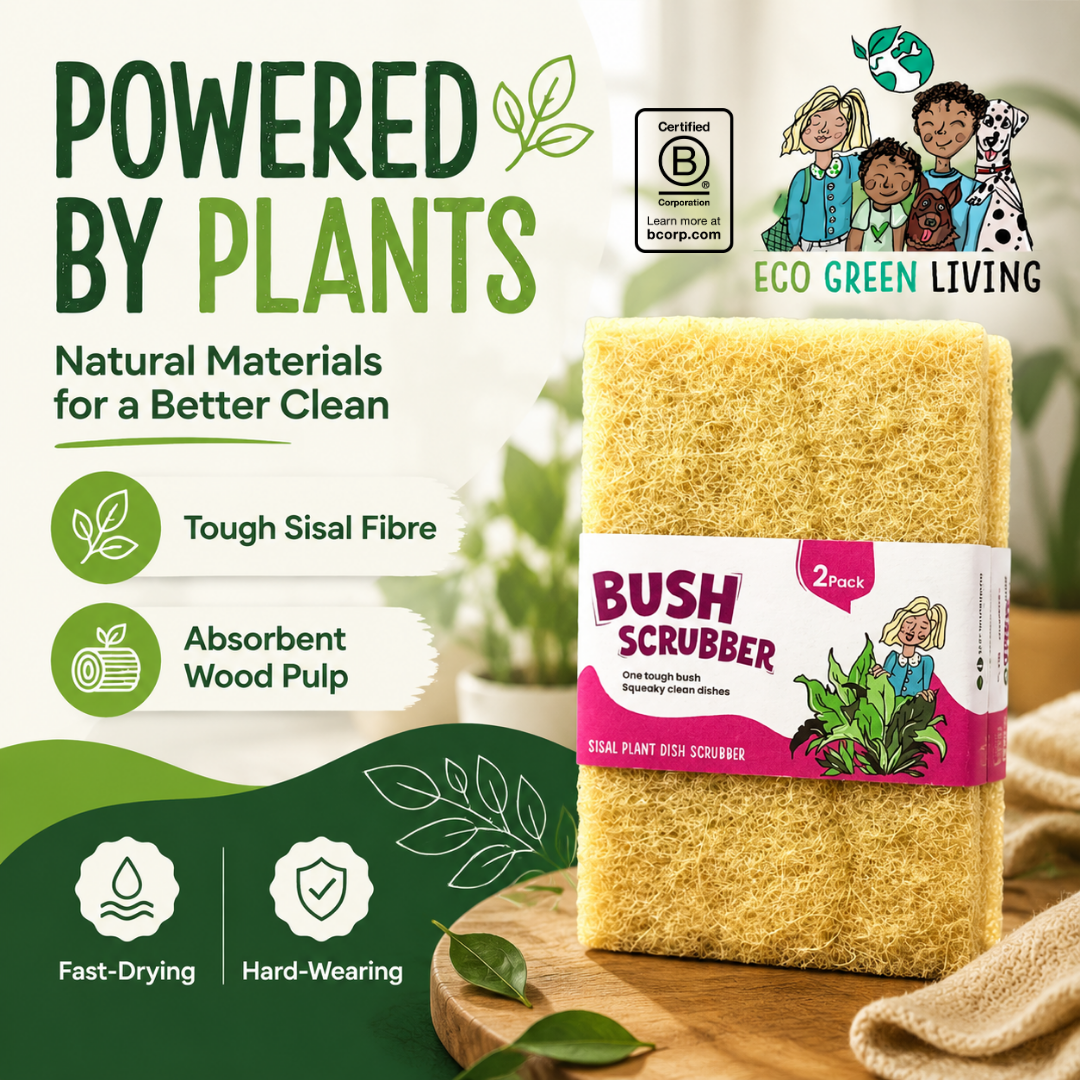 A 2-pack of Bush Scrubber natural sisal plant wash sponges, displayed on a wooden cutting board with a beige cloth. The background is a clean, graphic-heavy promotional banner with green and white elements, featuring the brand 'Eco Green Living' and product benefits.