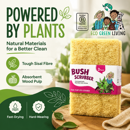 A 2-pack of Bush Scrubber natural sisal plant wash sponges, displayed on a wooden cutting board with a beige cloth. The background is a clean, graphic-heavy promotional banner with green and white elements, featuring the brand 'Eco Green Living' and product benefits.