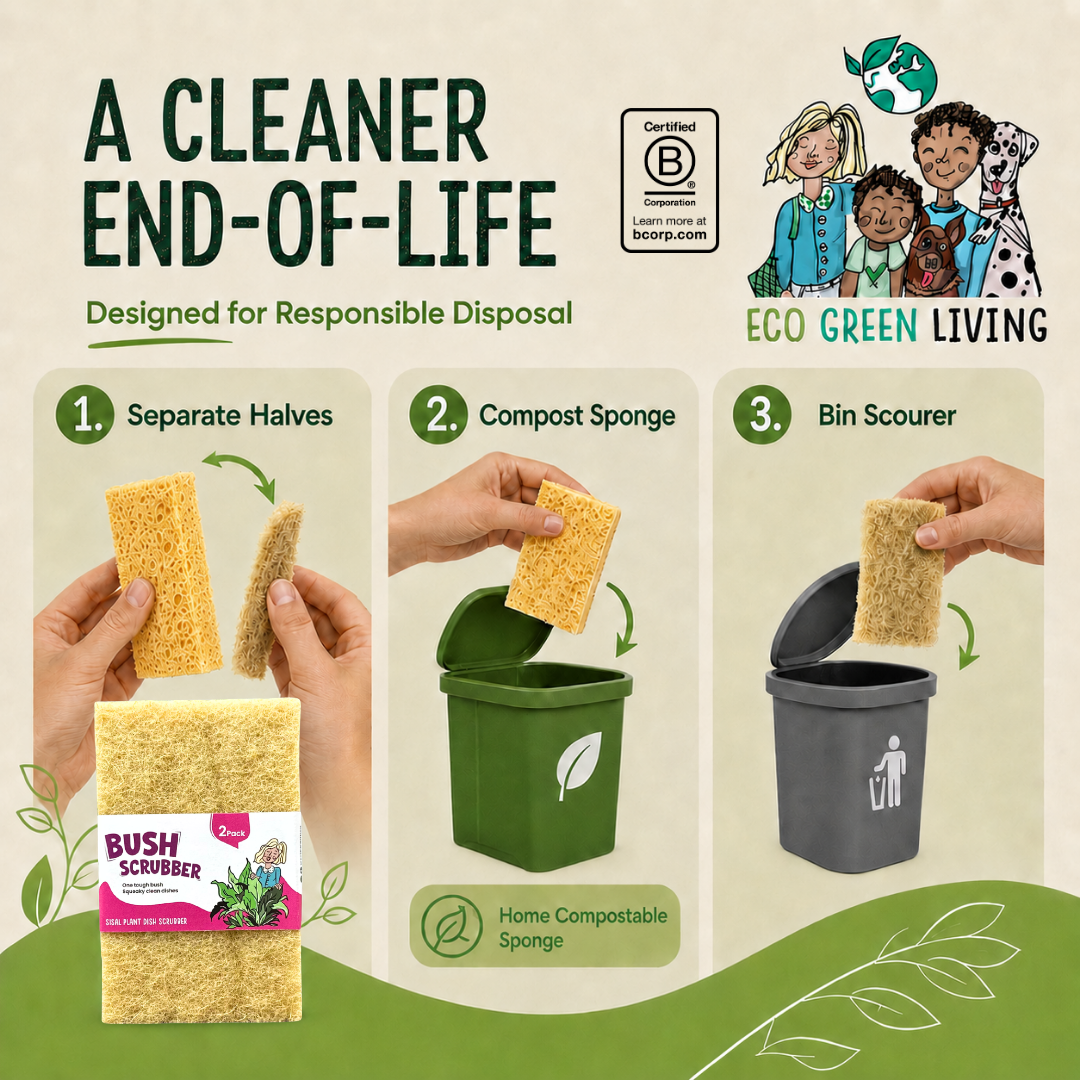 Promotional infographic for a compostable sponge product showing three disposal steps: separating the halves, composting as a sponge, and using it as a bin scorer. The image includes a packaged yellow sponge labeled Bush Scrubber, a green compost bin, a gray bin, and the Eco Green Living brand logo with children at top right.
