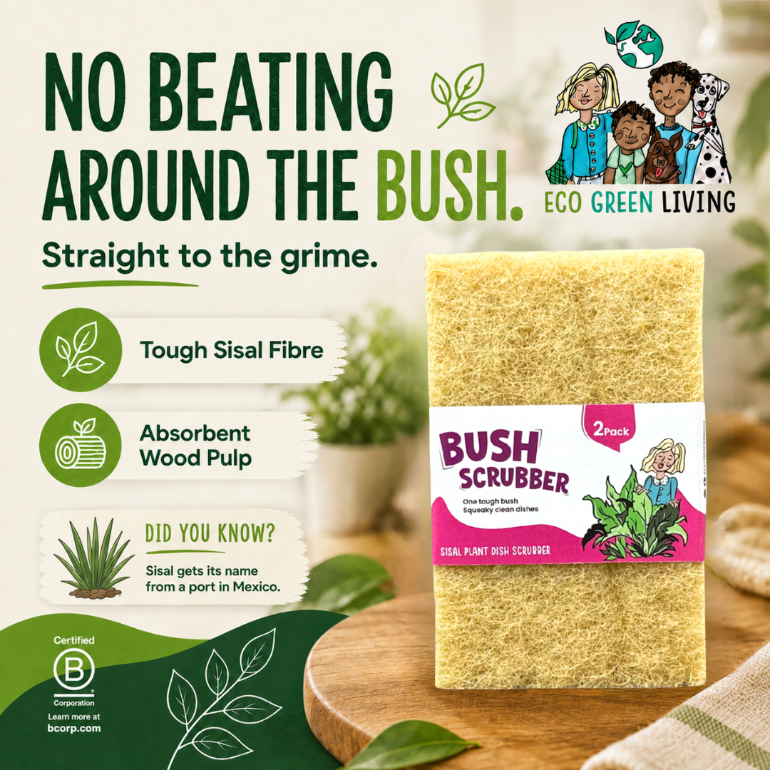 A pack of Eco Green Living Bush Scrubber sisal plant scrubbers displayed on a wooden cutting board with a green and white background featuring product benefits and branding.